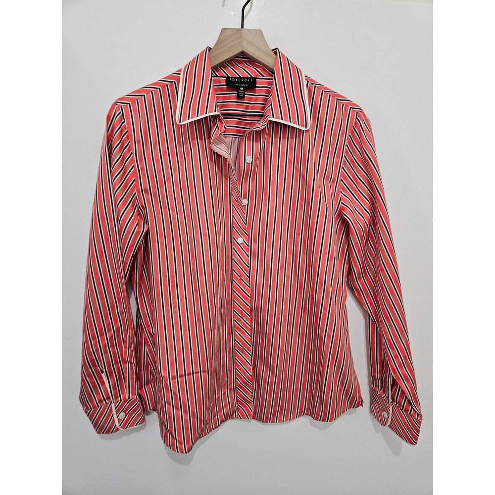 Foxcroft Womens Non-Iron Shaped Fit Striped Button Down Shirt Red Navy White 10